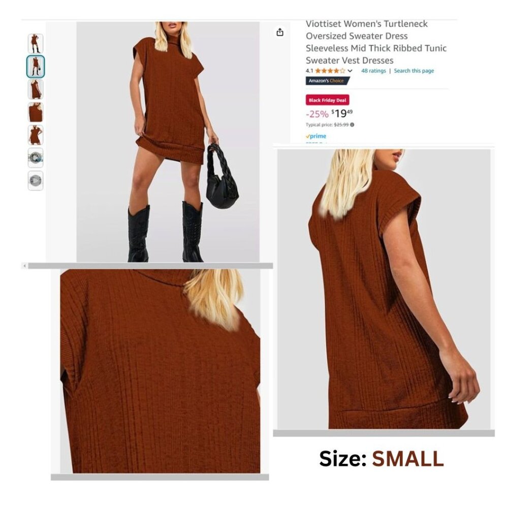 Women's Turtleneck Oversized Sweater Dress Sleeveless Mid Thick Ribbed - Chesnut